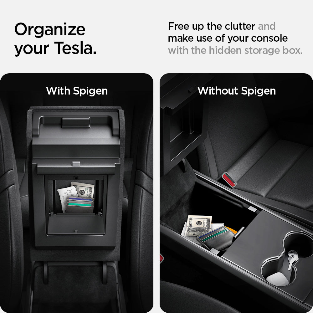 ACP04509 - Tesla Model Y & 3 - Center Console Hidden Storage Box organize your tesla. Free up the clutter and make use of your console with the hidden storage box. Compare with and without spigen.