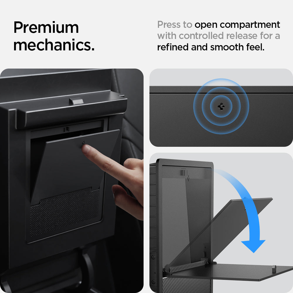 ACP04509 - Tesla Model Y & 3 - Center Console Hidden Storage Box premium mechanics. press to open compartment with controlled release for a refined and smooth feel.