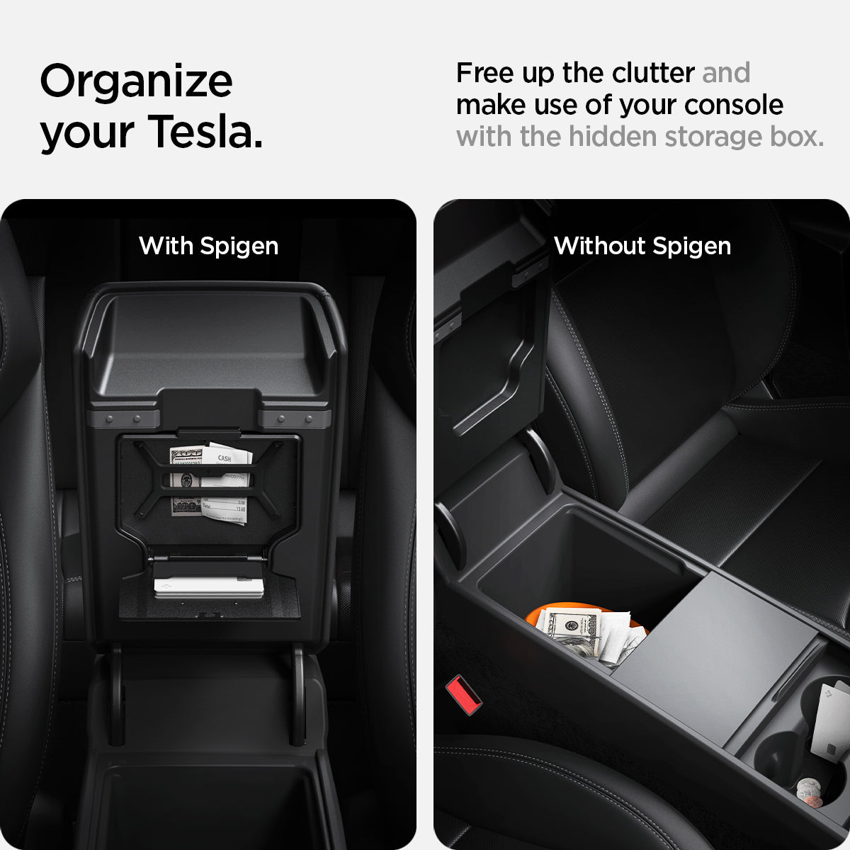 ACP07408 - Tesla Model Y 2025 Refresh & 3 Highland - Center Console Hidden Storage Box organize your tesla. Free up the clutter and make use of your console with the hidden storage box. Compare with and without spigen.
