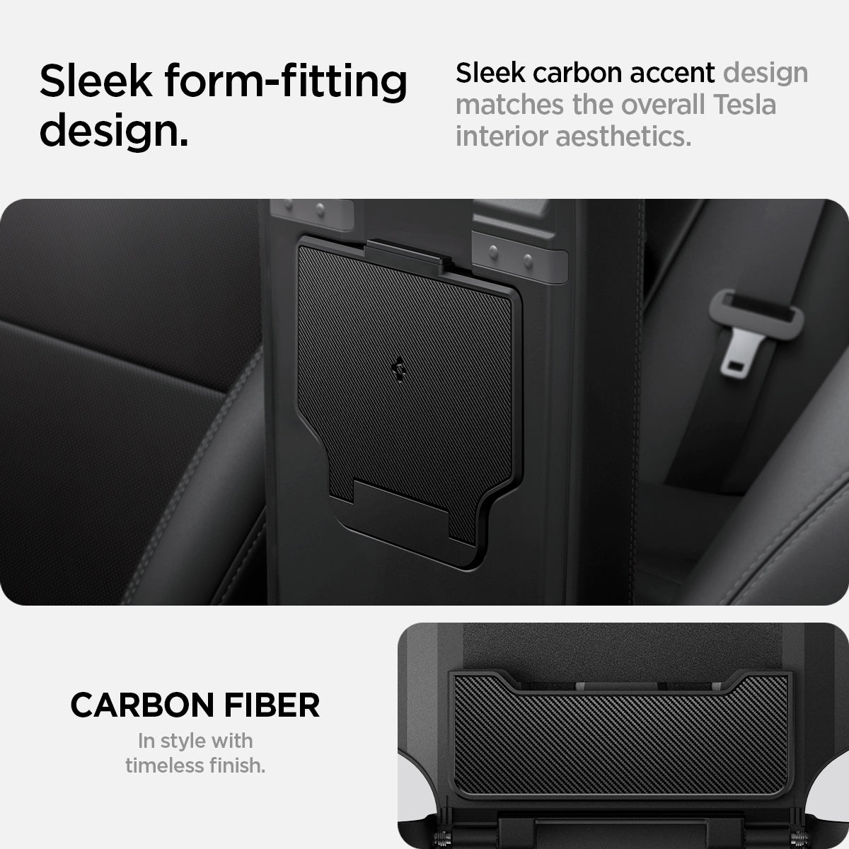 ACP07408 - Tesla Model Y 2025 Refresh & 3 Highland - Center Console Hidden Storage Box sleek form fitting design. sleek carbon accent design matches the overall tesla interior aesthetics. Carbon fiber. In style with timeless finish.