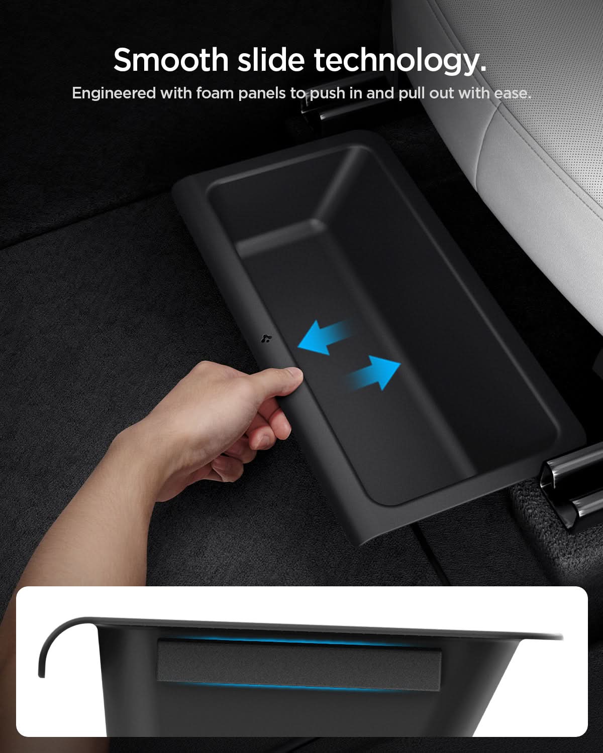 ACP10798 - Model Y Juniper (2025+) 2PK Underseat Organizer Box | TO222J showing smooth slide technology. engineered with foam panels to push in and pull out with ease.