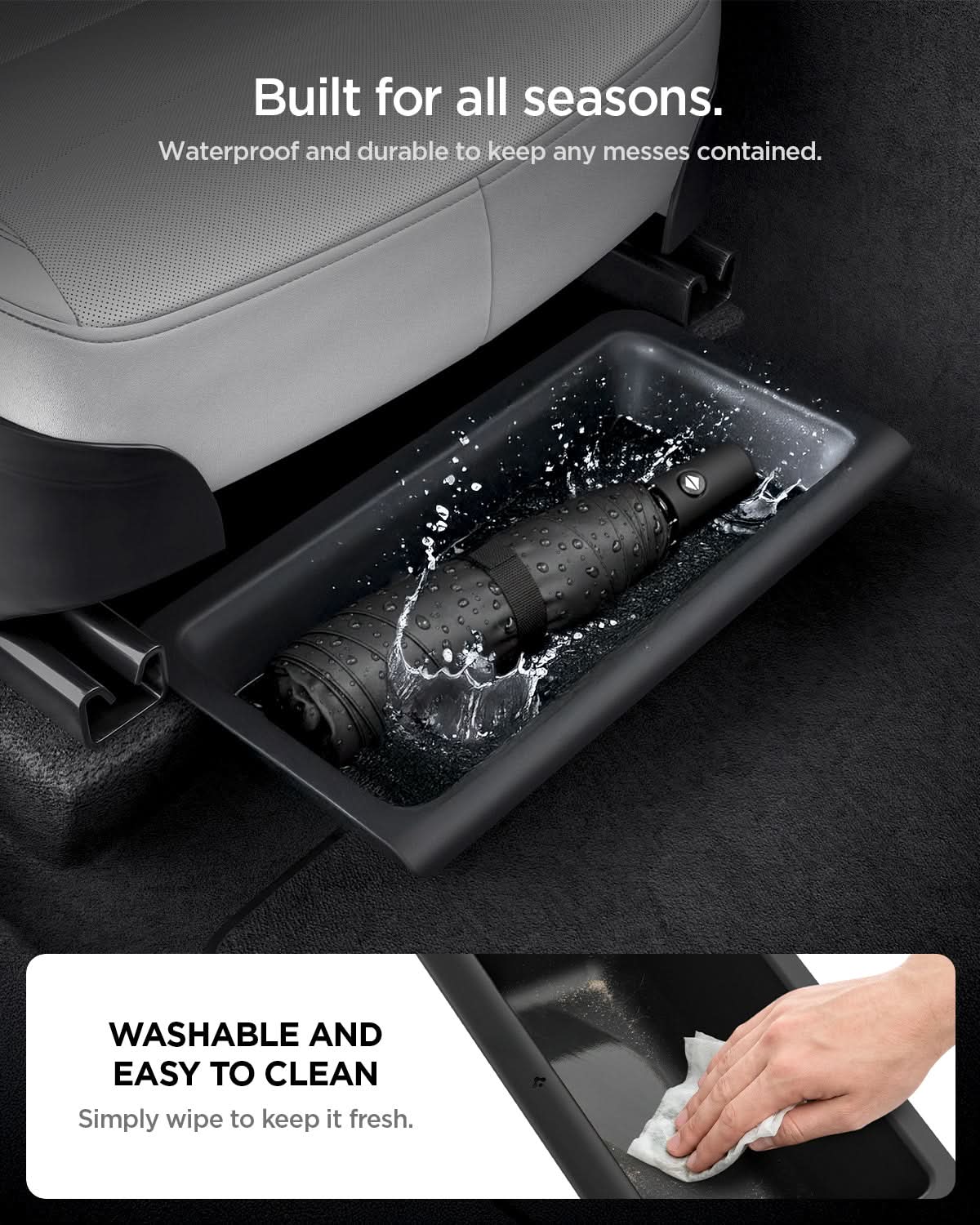 ACP10798 - Model Y Juniper (2025+) 2PK Underseat Organizer Box | TO222J showing built for all seasons. washable and easy to clean. simply wipe to keep it fresh