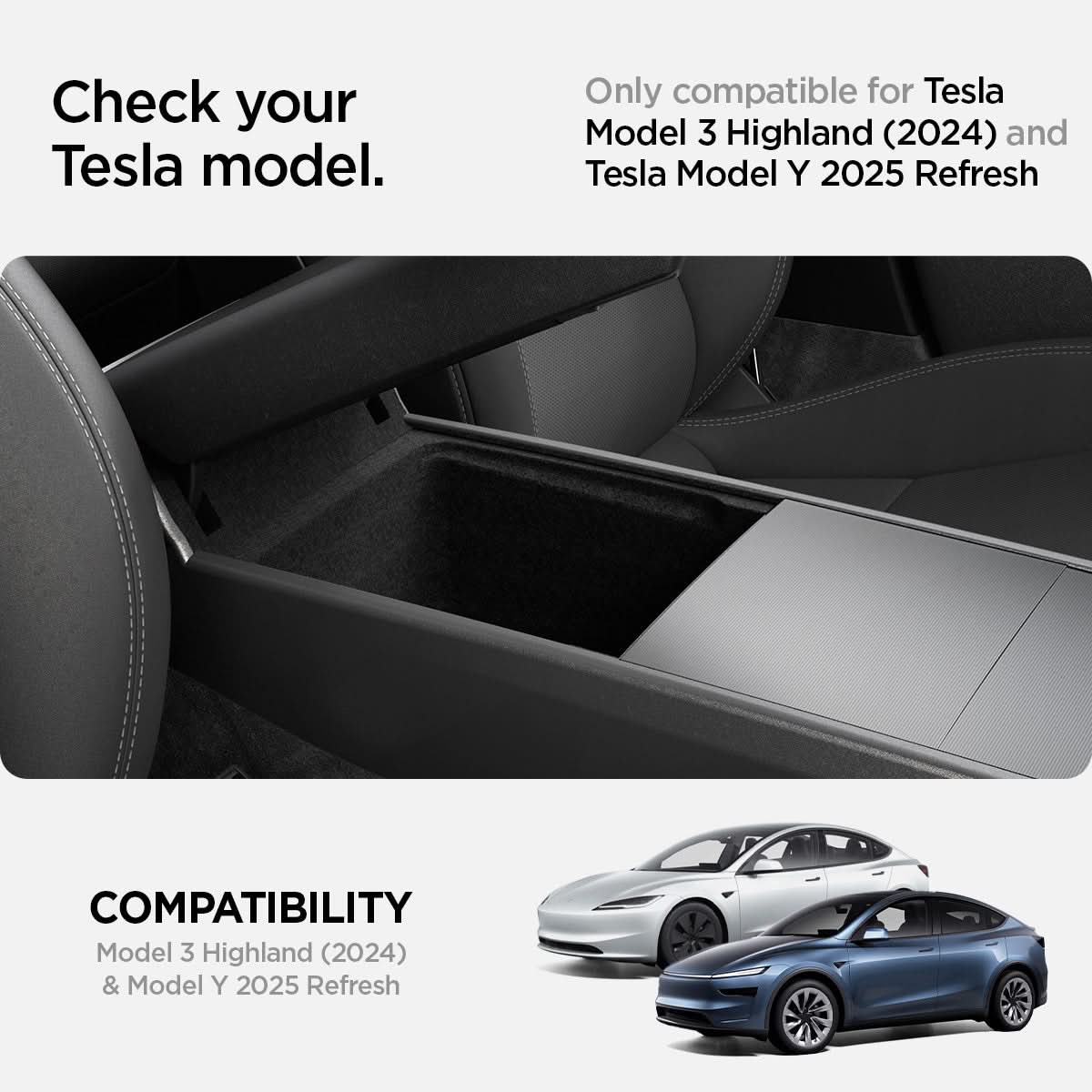 ACP07409 - Tesla Model 3 Armrest Console Organizer TO224H in Black showing the compatibility. Only compatible for Tesla Model 3 Highland (2024) and Tesla Model Y 2025 Refresh