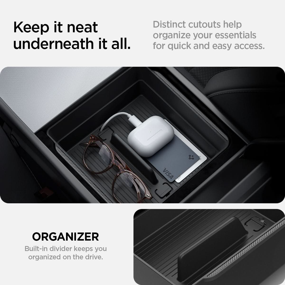 ACP07409 - Tesla Model 3 Armrest Console Organizer TO224H in Black showing a functional organizer. A built-in divider that keeps you organized on the drive. It's distinct cutouts help organize your essentials for quick and easy access.