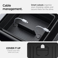 ACP07409 - Tesla Model 3 Armrest Console Organizer TO224H in Black showing the cable manager. Smart cutouts organize your charging cables and secure them for the drive.  Cutouts close shut when not in use