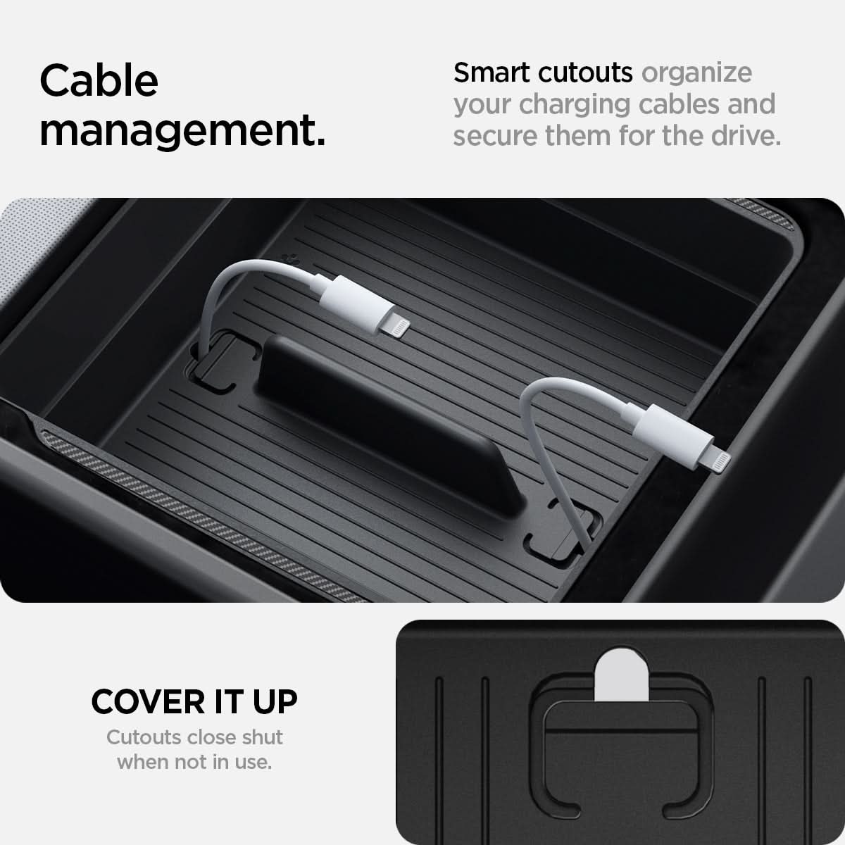 ACP07409 - Tesla Model 3 Armrest Console Organizer TO224H in Black showing the cable manager. Smart cutouts organize your charging cables and secure them for the drive.  Cutouts close shut when not in use