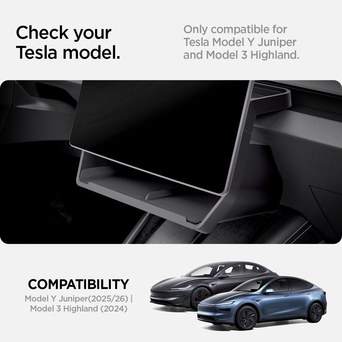 ACP08373 - Tesla Model 3 Highland Under Screen Organizer TO227H in Black showing the Check your Tesla model, only compatible for Model 3 2024 (Highland) 
