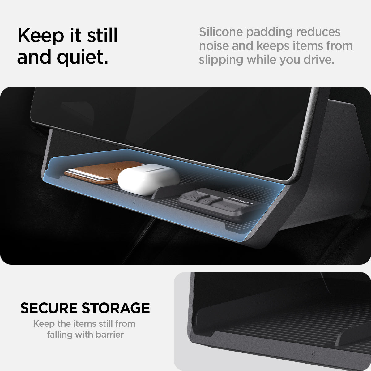 ACP08373 - Tesla Model 3 Highland Under Screen Organizer TO227H in Black showing the Keep it neat underneath it all. Tesla storage organizer holds all your essentials for quick and easy access. Essential storage, everything you need. Organized and ready to go.