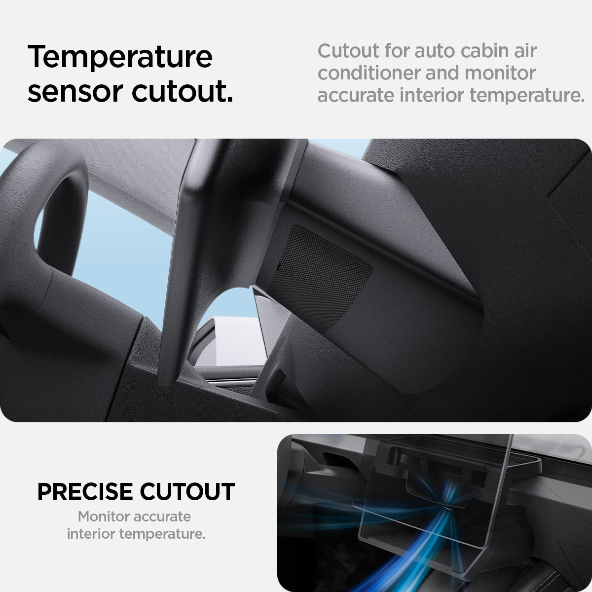 ACP08373 - Tesla Model 3 Highland Under Screen Organizer TO227H in Black the temperature sensor cutout.  Cutout for auto cabin air conditional and monitor accurate interior temperature.  Precise cutout monitors accurate interior temperature.