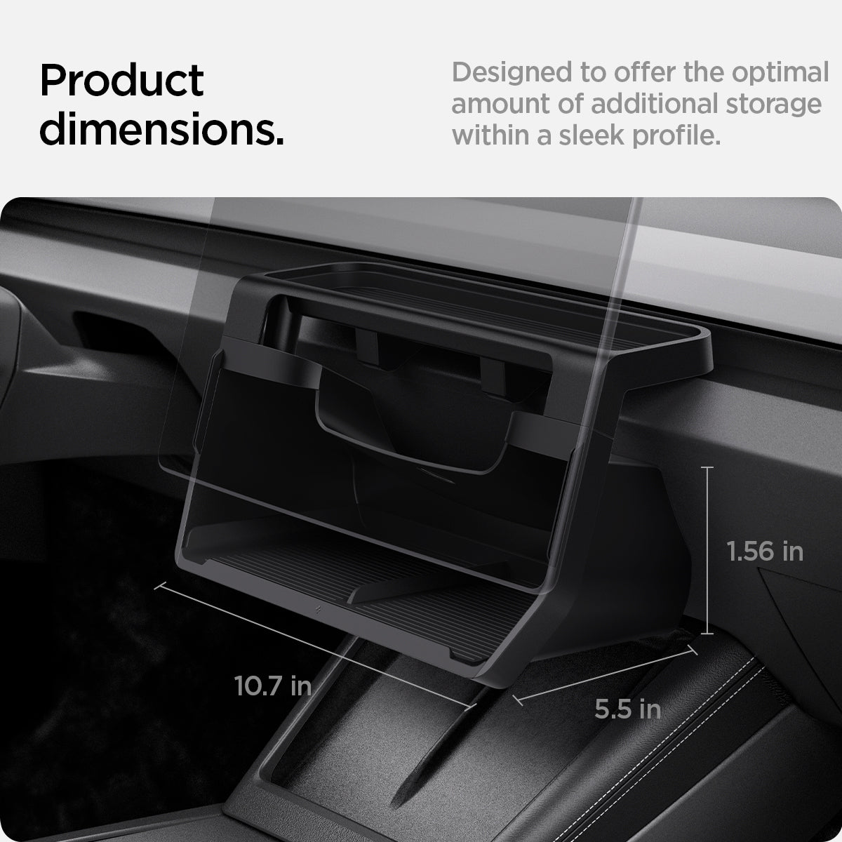 ACP08373 - Tesla Model 3 Highland Under Screen Organizer TO227H in Black showing its product dimensions.  Designed to offer the optimal amount of additional storage within a sleek profile. 