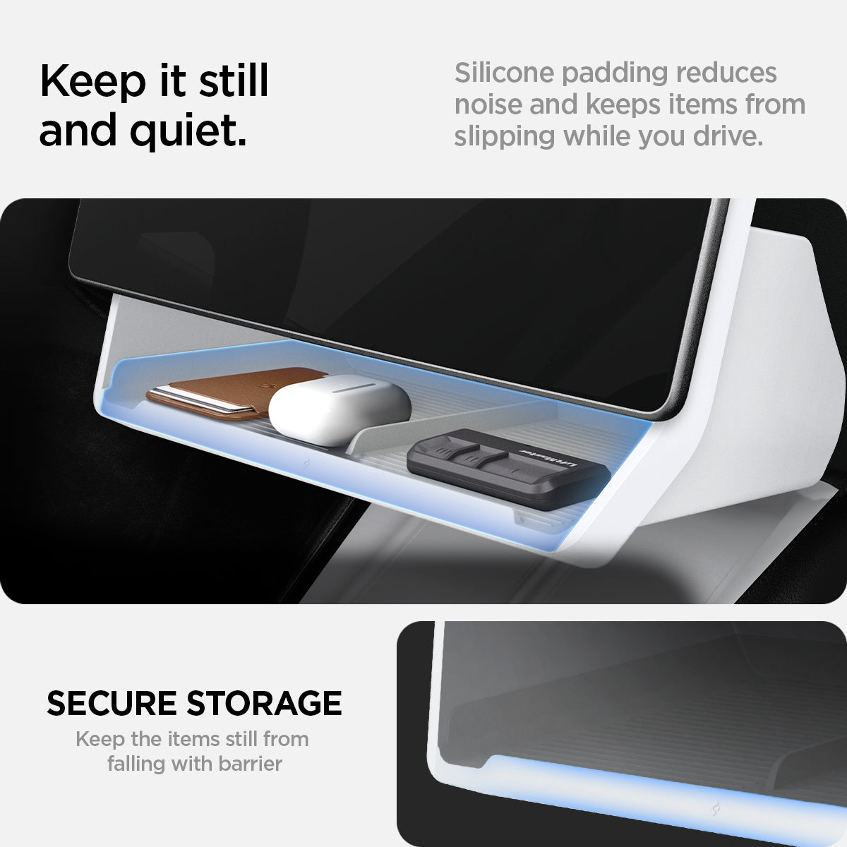 ACP11578 - Tesla Series - Under Screen Organizer | TO227H in White showing a storage organizer with silicone padding and a raised barrier holding small items in place