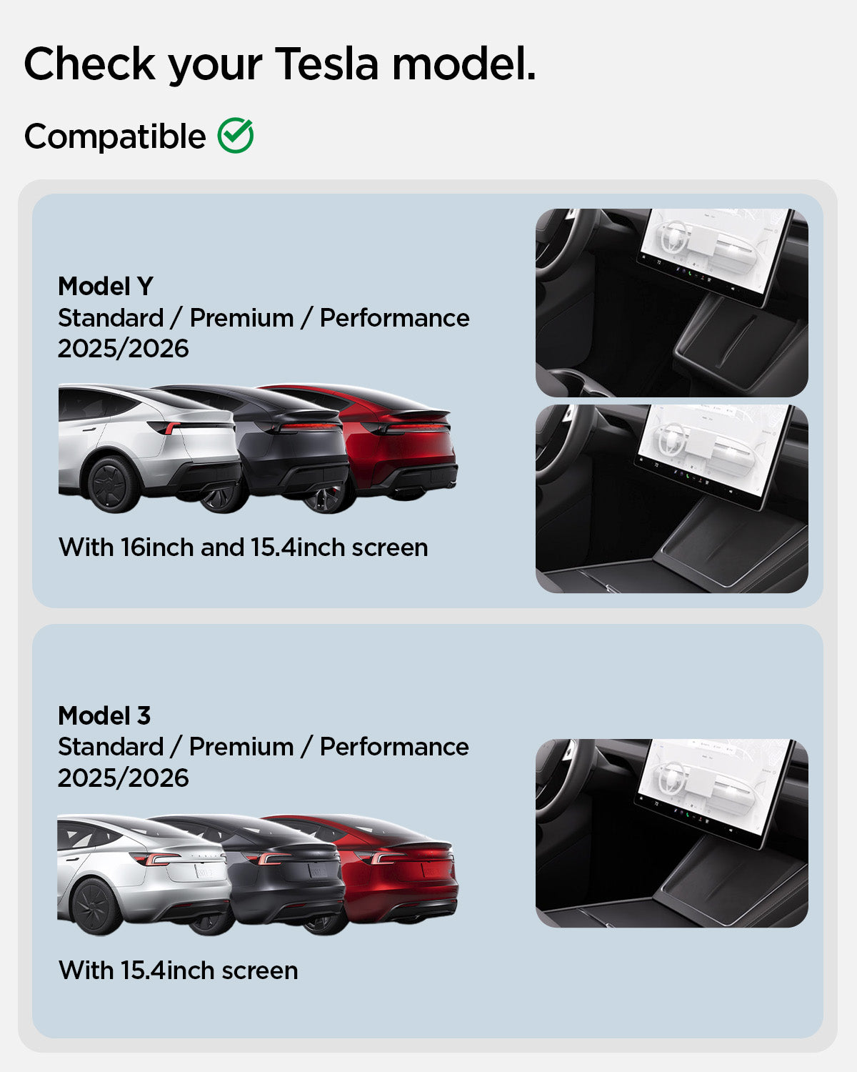 ACP11105 - Tesla Series - Under Screen Organizer | TO227JH showing Tesla Model Y and Model 3 compatibility chart with screen size reference for 2025 and 2026 trims
