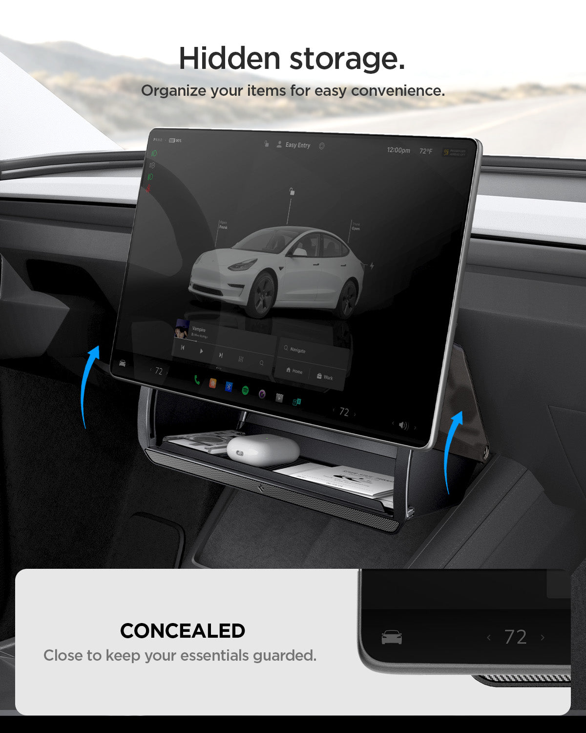 ACP11105 - Tesla Series - Under Screen Organizer | TO227JH showing under screen organizer open beneath Tesla touchscreen with concealed storage tray highlighted