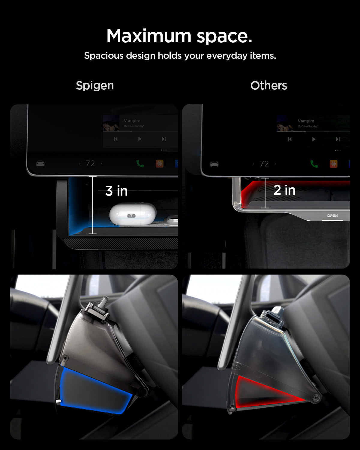 ACP11105 - Tesla Series - Under Screen Organizer | TO227JH showing side by side storage depth comparison of Spigen organizer at 3 inches versus competitor at 2 inches