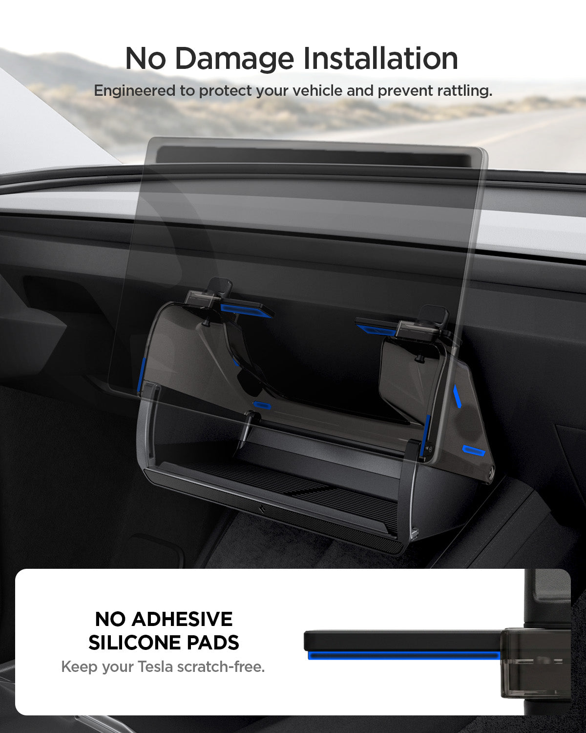 ACP11105 - Tesla Series - Under Screen Organizer | TO227JH showing no damage installation diagram with silicone pad contact points highlighted in blue on organizer brackets