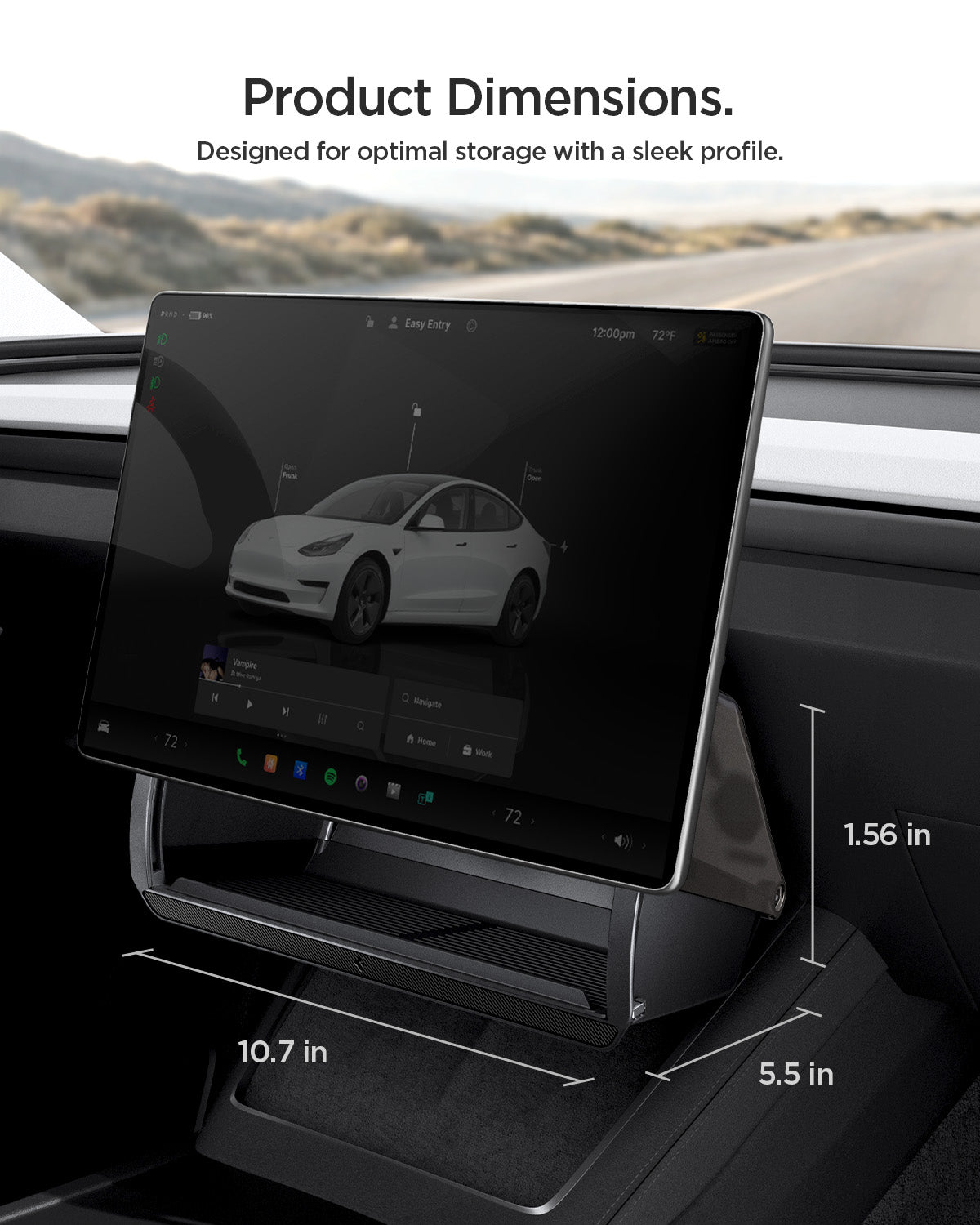 ACP11105 - Tesla Series - Under Screen Organizer | TO227JH showing product dimensions of 10.7 by 5.5 by 1.56 inches installed beneath Tesla center touchscreen
