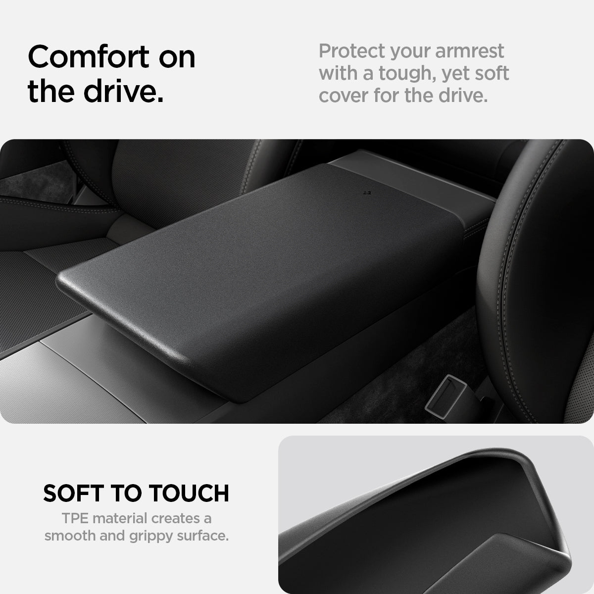 ACP07410 - Model 3 (2024) Armrest Cover TO240H in Black showing the comfort on the drive, protect your armrest with a tough, yet soft cover for the drive, soft to touch (TPE material creates a smooth grippy surface)