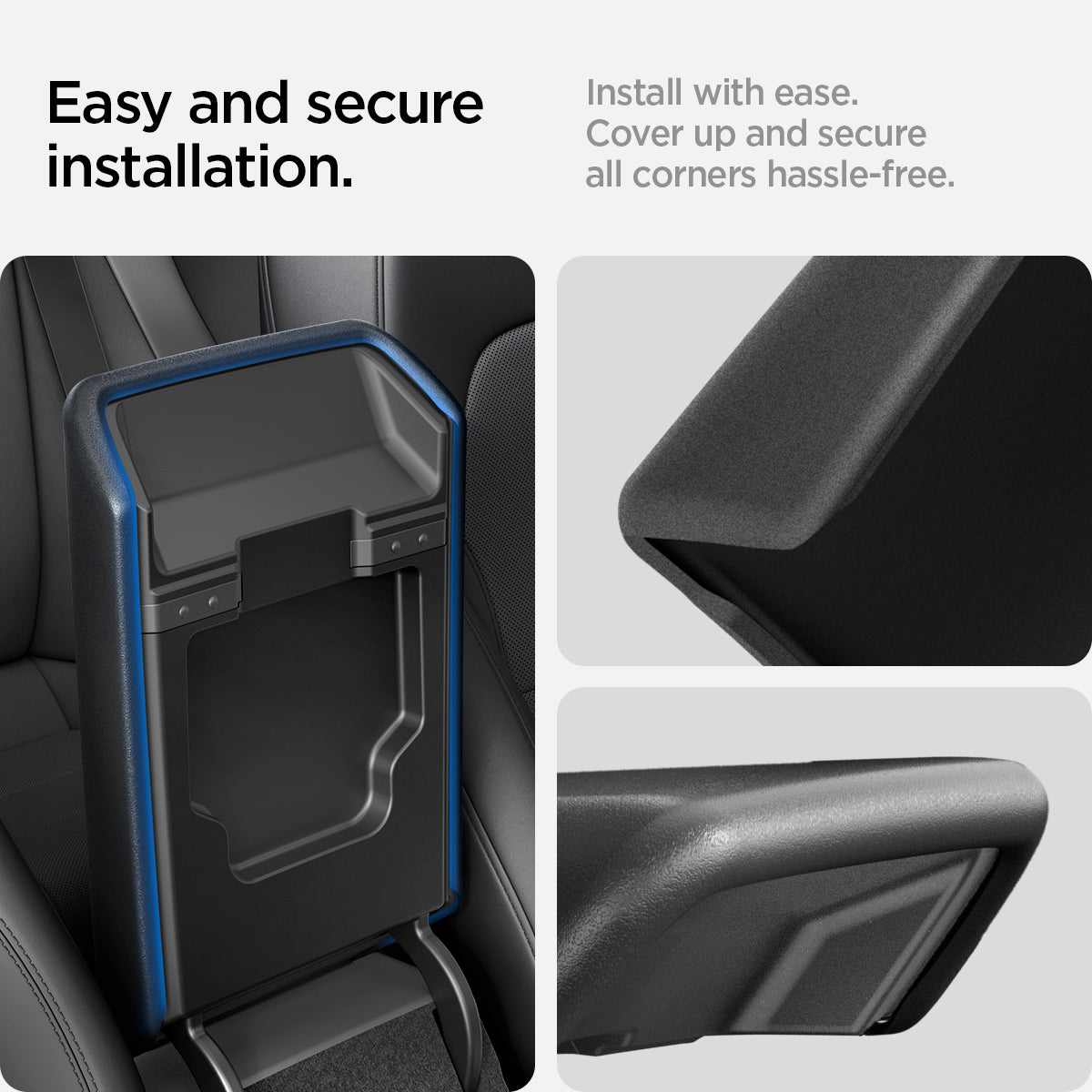 ACP07410 - Model 3 (2024) Armrest Cover TO240H in Black showing the easy and secure installation, install with ease, cover up and secure all corners hassle-free