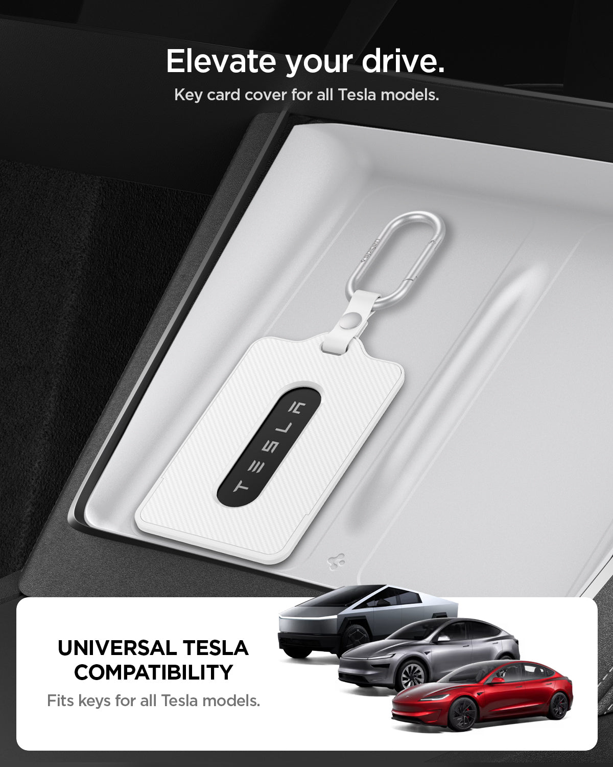 ACP11404 - Tesla Key Card Holder | TO243 1 Pack in White showing elevate your drive. Universal compatibility for all Tesla models