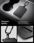 ACP07175 - Tesla key card holder with matte black finish and carabiner clip placed in Tesla center console showing premium build quality and close-up details of clip and card window