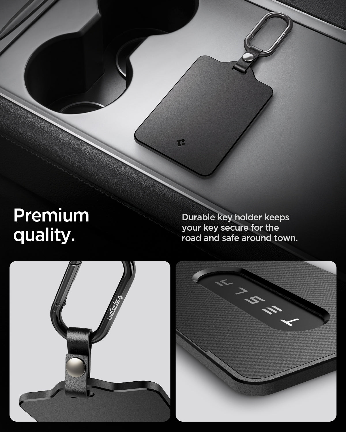 ACP11310 - Tesla Key Card Holder | TO243 in 1 Pack with matte black finish and carabiner clip placed in Tesla center console showing premium build quality and close-up details of clip and card window