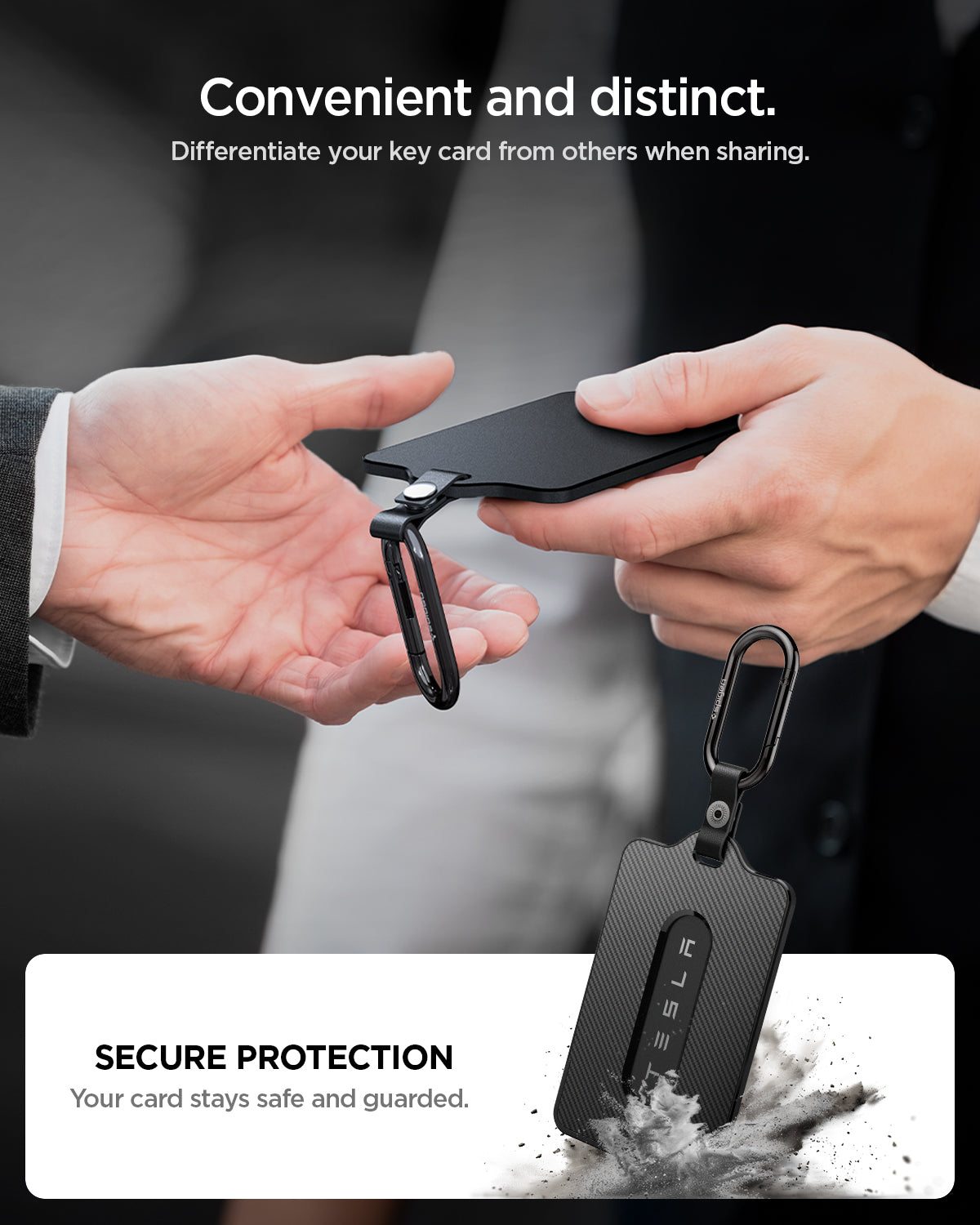ACP07175 - Tesla key card holder being handed between two people with slim matte black design and carabiner clip emphasizing secure protection and easy identification when sharing keys