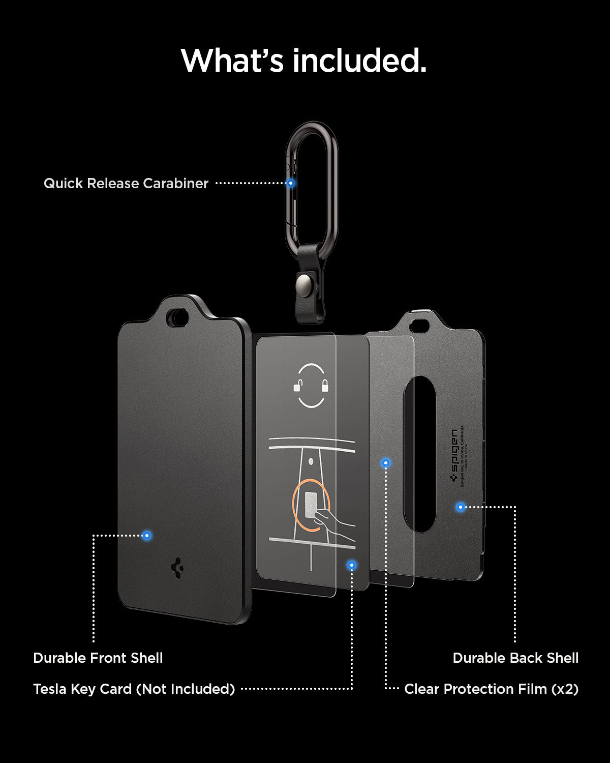 ACP07175 - Tesla key card holder exploded view showing included quick release carabiner durable front shell durable back shell and clear protection films with Tesla key card not included
