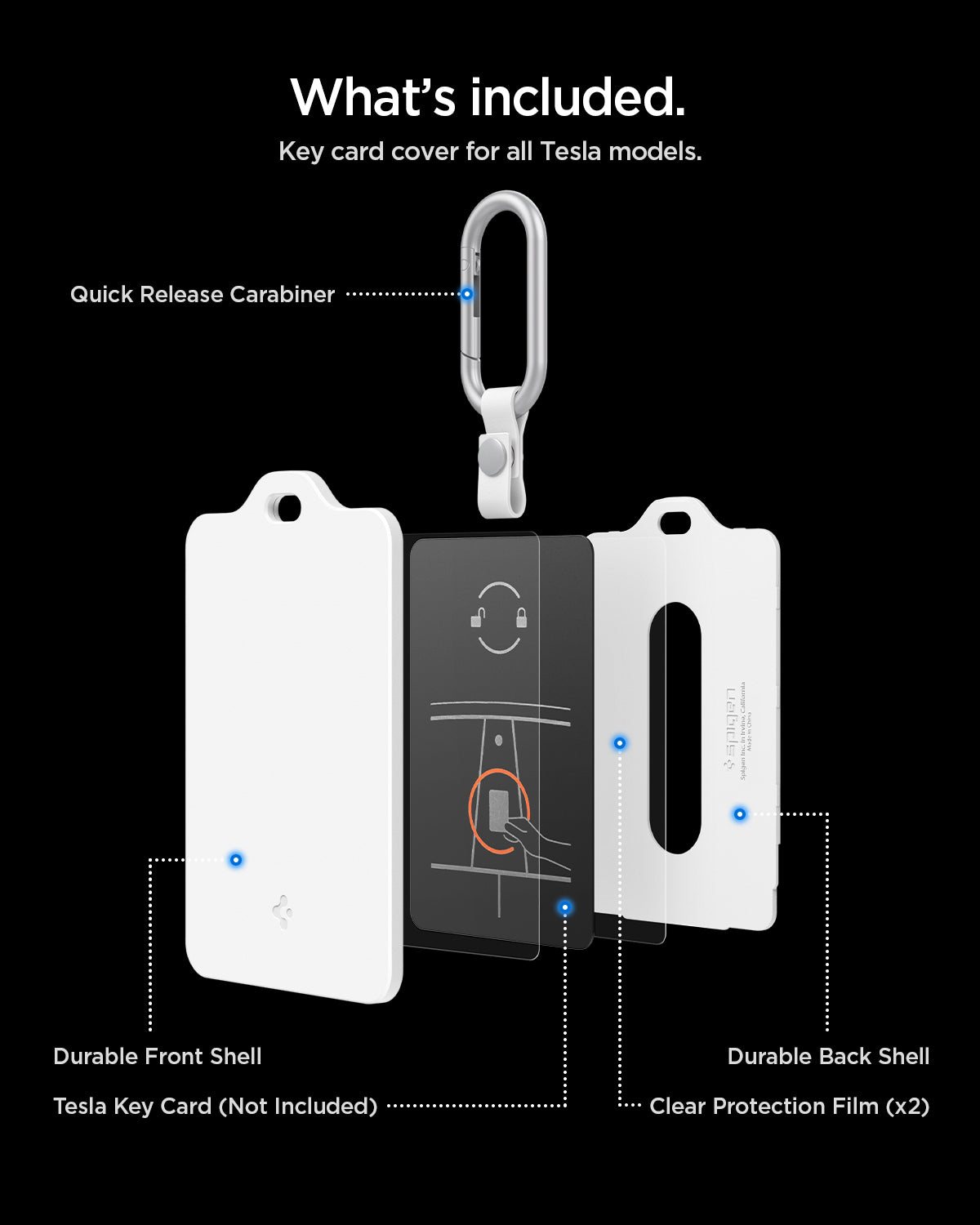 ACP11404 - Tesla Key Card Holder | TO243 1 Pack in White showing what's included