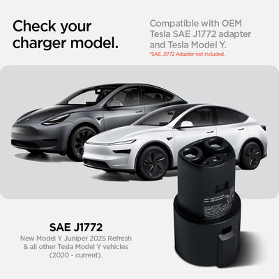 ACP08342 - Tesla Charging Adapter Door Dock TO252 in Black showing the check your charger model, compatible with OEM Tesla SAE J1772 adapter and tesla model Y. SAE J1772 adapter not included. SAE J1772 New model Y juniper 2025 refresh & all other tesla model Y vehicles.