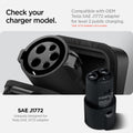 ACS09016 - Tesla SAE J1772 Charging Adapter Case TO254 in Black showing the check your charger model, compatible with EOM Tesla SAE J1772 adapter for level 2 public charging unique designed for Tesla SAE J1772 adapter