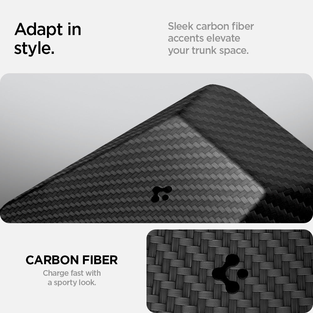 ACS09016 - Tesla SAE J1772 Charging Adapter Case TO254 in Black showing adapt in style, sleek carbon fiber accents elevate your trunk space, carbon fiber, charge fast with a sporty look