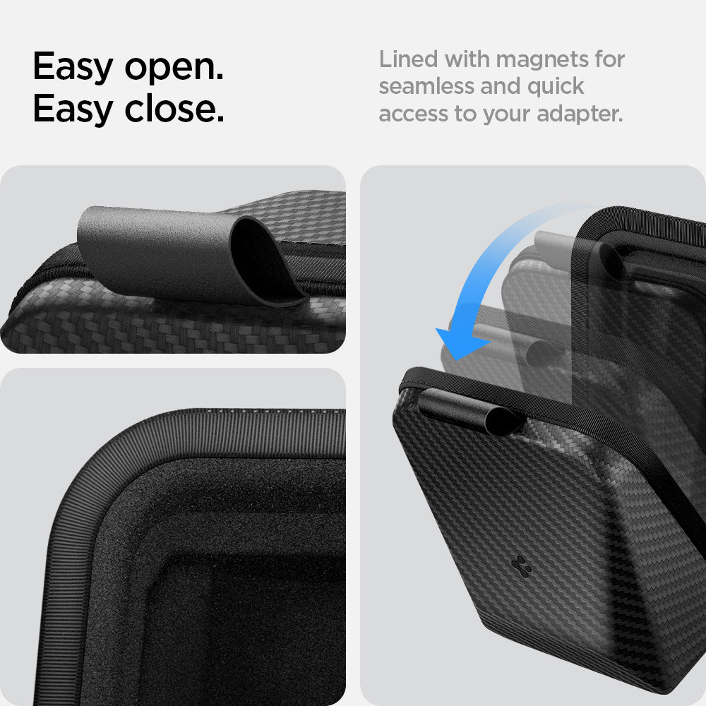 ACS09016 - Tesla SAE J1772 Charging Adapter Case TO254 in Black showing the easy open, easy close, lined with magnets for seamless and quick access to your adapter