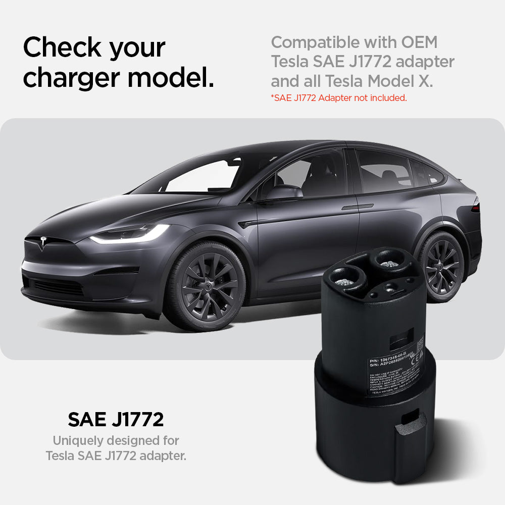ACP09180 - Tesla Charging Adapter Door Dock TO255 in Black showing the compatibility. Compatible with OEM Tesla SAE J1772 adapter and all Tesla Model X. SAE J1772 unique designed for Tesla SAE J1772 adapter
