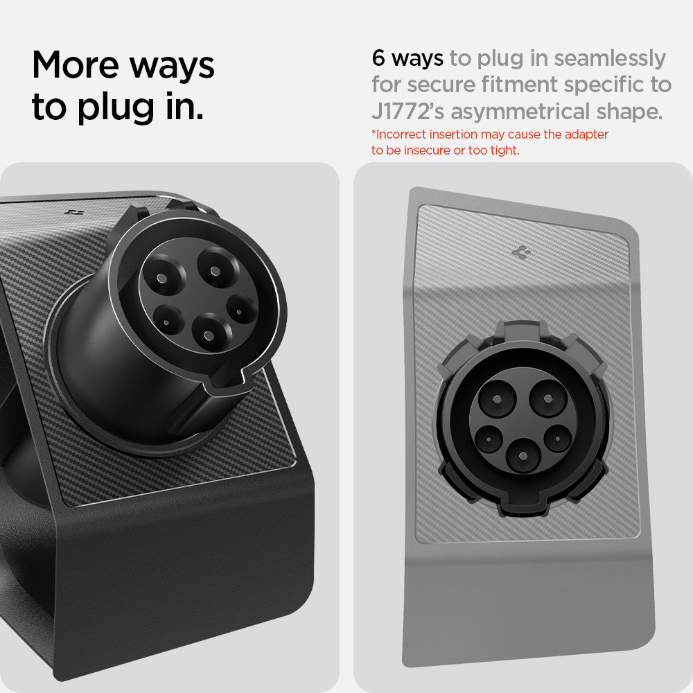 ACP09180 - Tesla Charging Adapter Door Dock TO255 in Black showing more ways to plug in. 6 ways to plug in seamlessly for secure fitment specific to J1772's asymmetrical shape. Please note that incorrect insertion may cause the adapter to be insecure or too tight