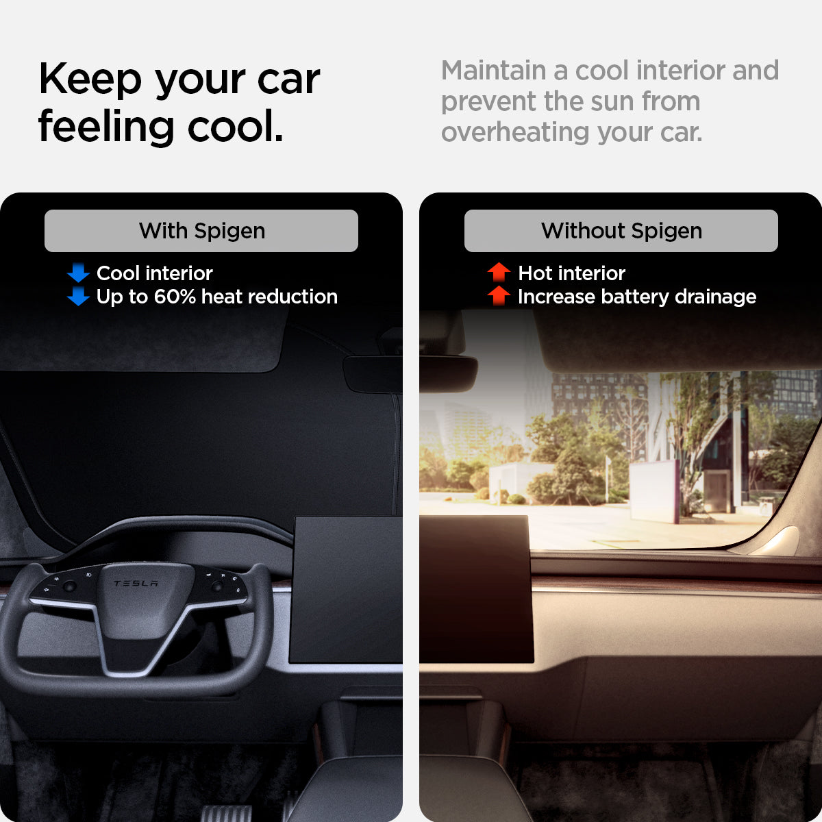 ACP09305 - Tesla Series - CryoShade Model S (2022-2024) keep your car feeling cool. maintain a cool interior and prevent the sun from overheating your car. with spigen cool interior and up to 60% heat reduction. without spigen makes hot interior and increase battery drainage.