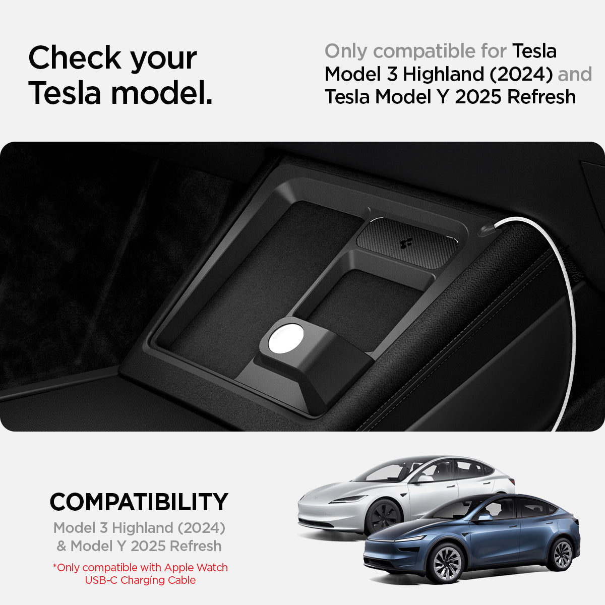 ACP07501 - Tesla Model 3 Highland - 3 in 1 Charging Organizer TO272H in Black showing the compatibility for Tesla Model 3 Highland with updated center consoles, compatible with Tesla Model 3 Highland 2024 and Model Y Refresh and only compatible with apple watch usb-c charging cable