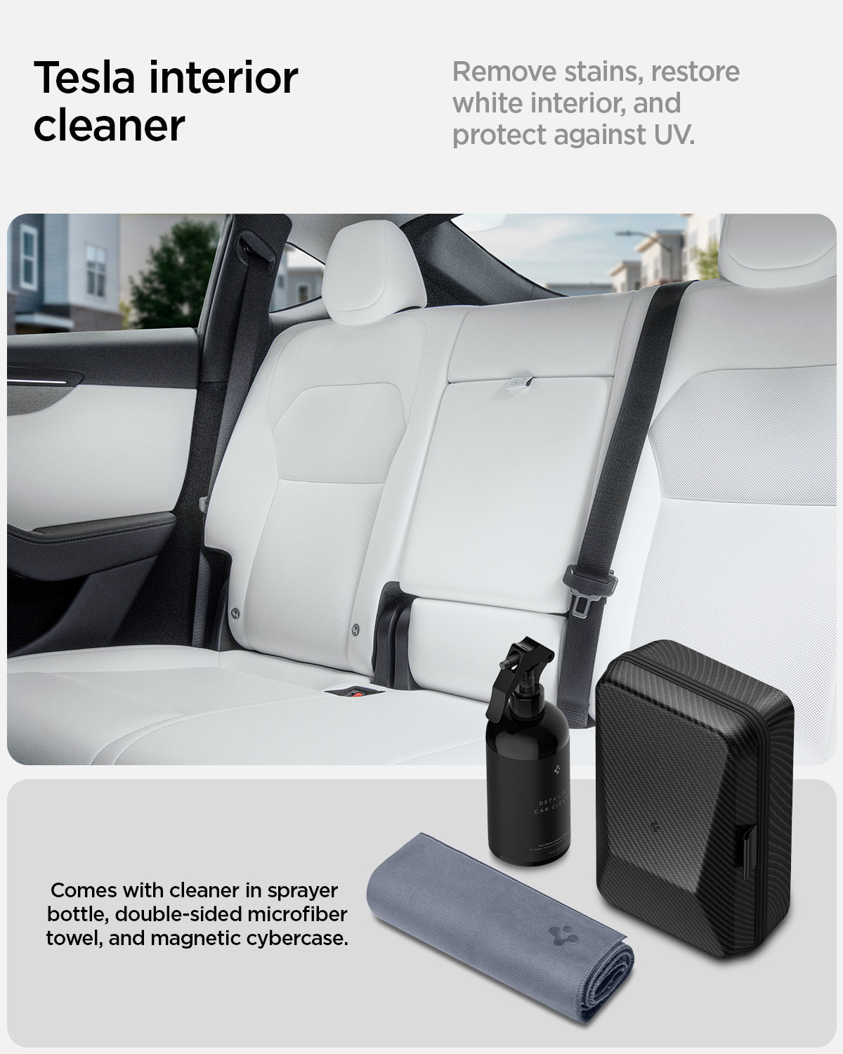 ACP08850 - Car Cleaning Kit | TO280 showing the tesla interior cleaner. Remove stains, restore white interior, and protect against UV. Comes with a cleaner in sprayer bottle, double-sided microfiber towel, and magnetic cybercase
