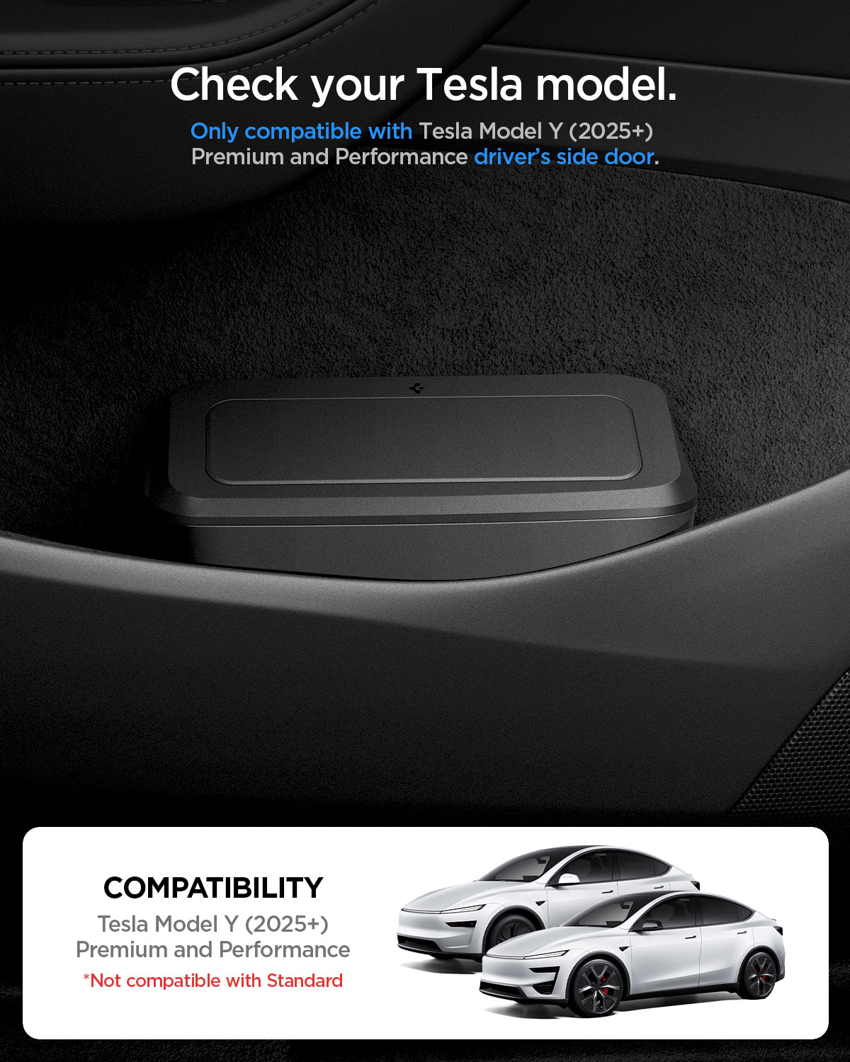 ACP11106 - Tesla Series - Car Trash Can | TO281J showing check your Tesla model. Only compatible with Tesla Model Y (2025+) Premium and Performance driver's side door.