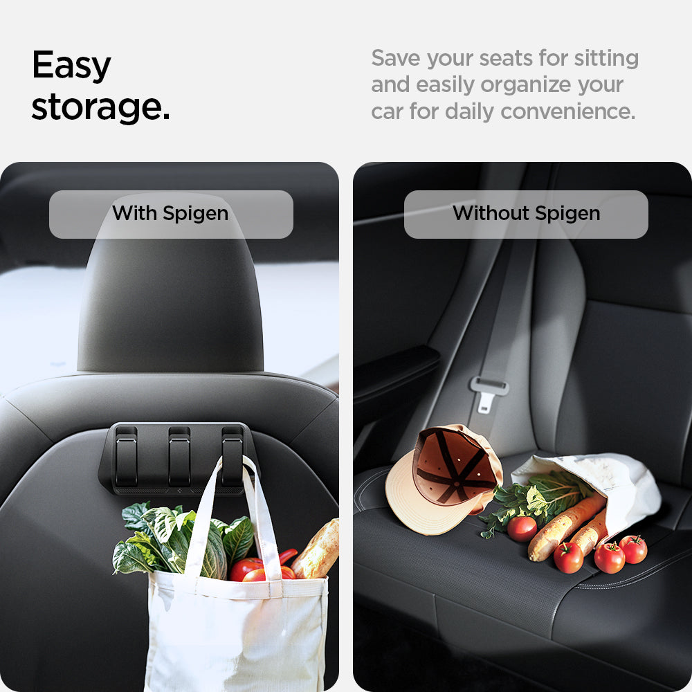 ACP09201 - Tesla Model 3 (2017-2023) Car Seat Hook TO283 in Black showing the easy storage. Save your seats for sitting and easily organize your car for daily convenience