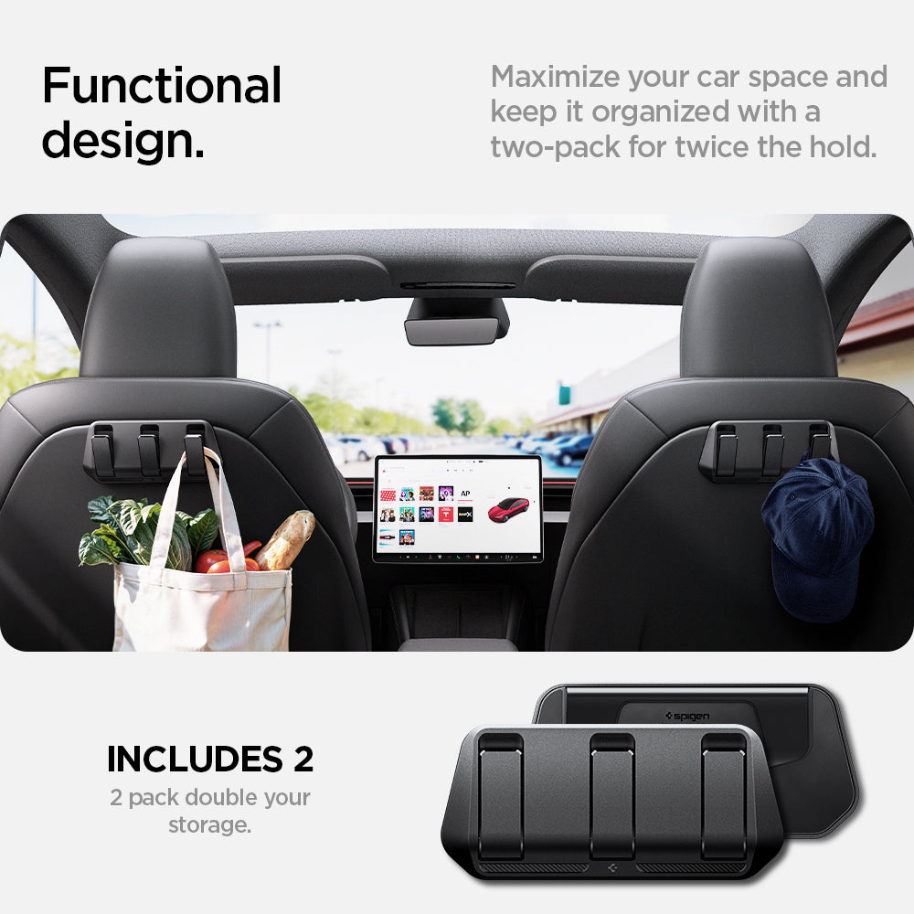 ACP09201 - Tesla Model 3 (2017-2023) Car Seat Hook TO283 in Black showing the functional design. Maximize your car space and keep it organized with a two-pack for twice the hold. Includes 2 pack