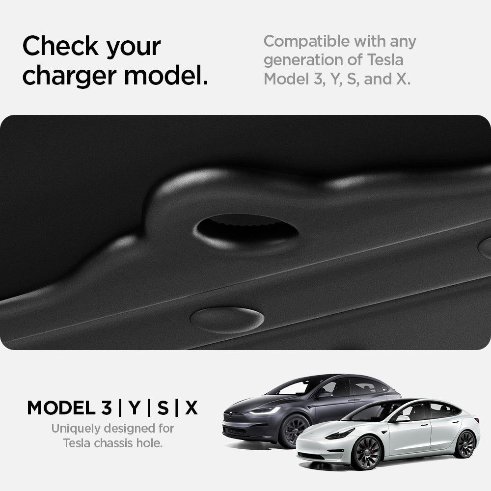 ACP07174 - Tesla Lifting Jack Pads TO310 in Black showing the check your charger model. Compatible with any generation of Tesla Model 3, Y, S, and X, also uniquely designed for Tesla Chassis hole