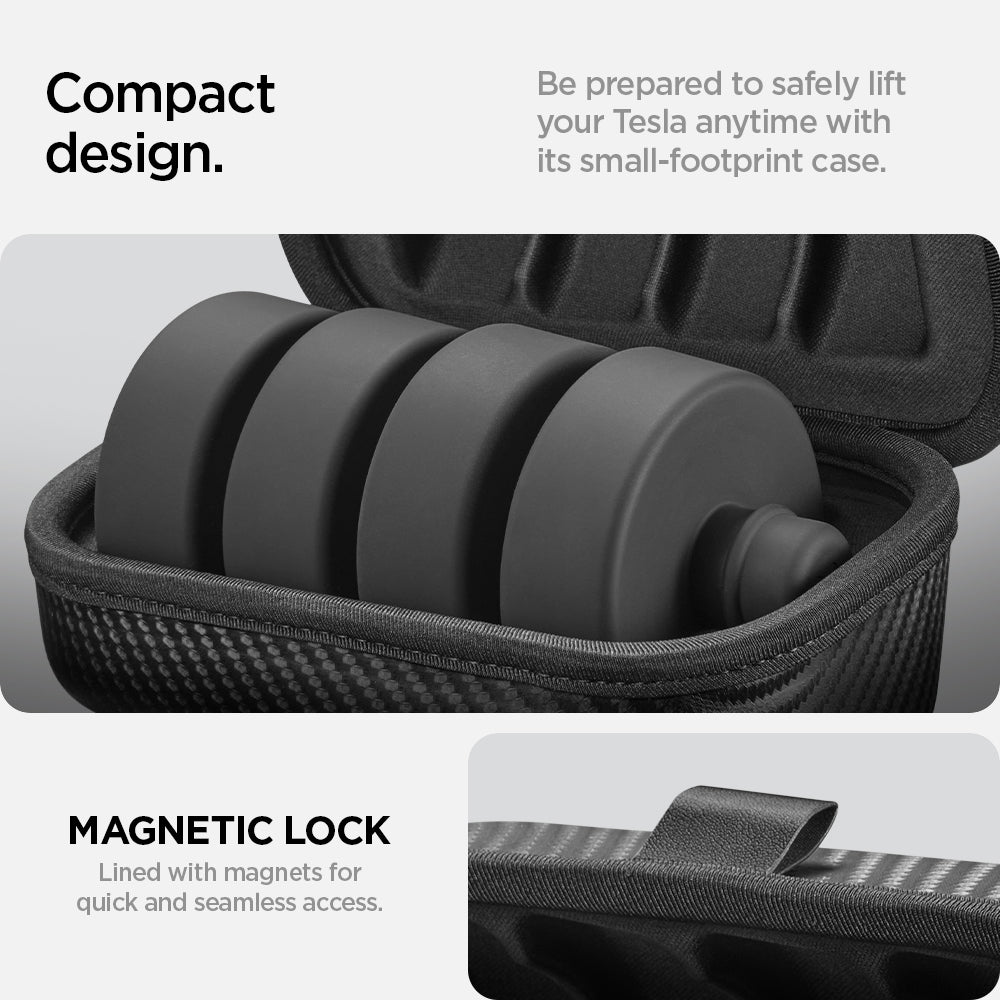 ACP07174 - Tesla Lifting Jack Pads TO310 in Black showing the compact design. Be prepared to safely lift your Tesla anytime with it's small-footprint case. Magnetic Lock, linked with magnets for quick and seamless access