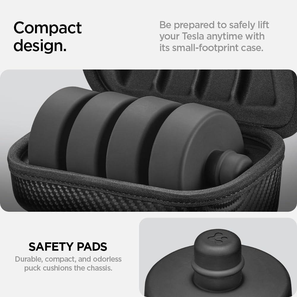 ACP07174 - Tesla Lifting Jack Pads TO310 in Black showing the compact design. Be prepared to safely lift your Tesla anytime with it's small-footprint case. 