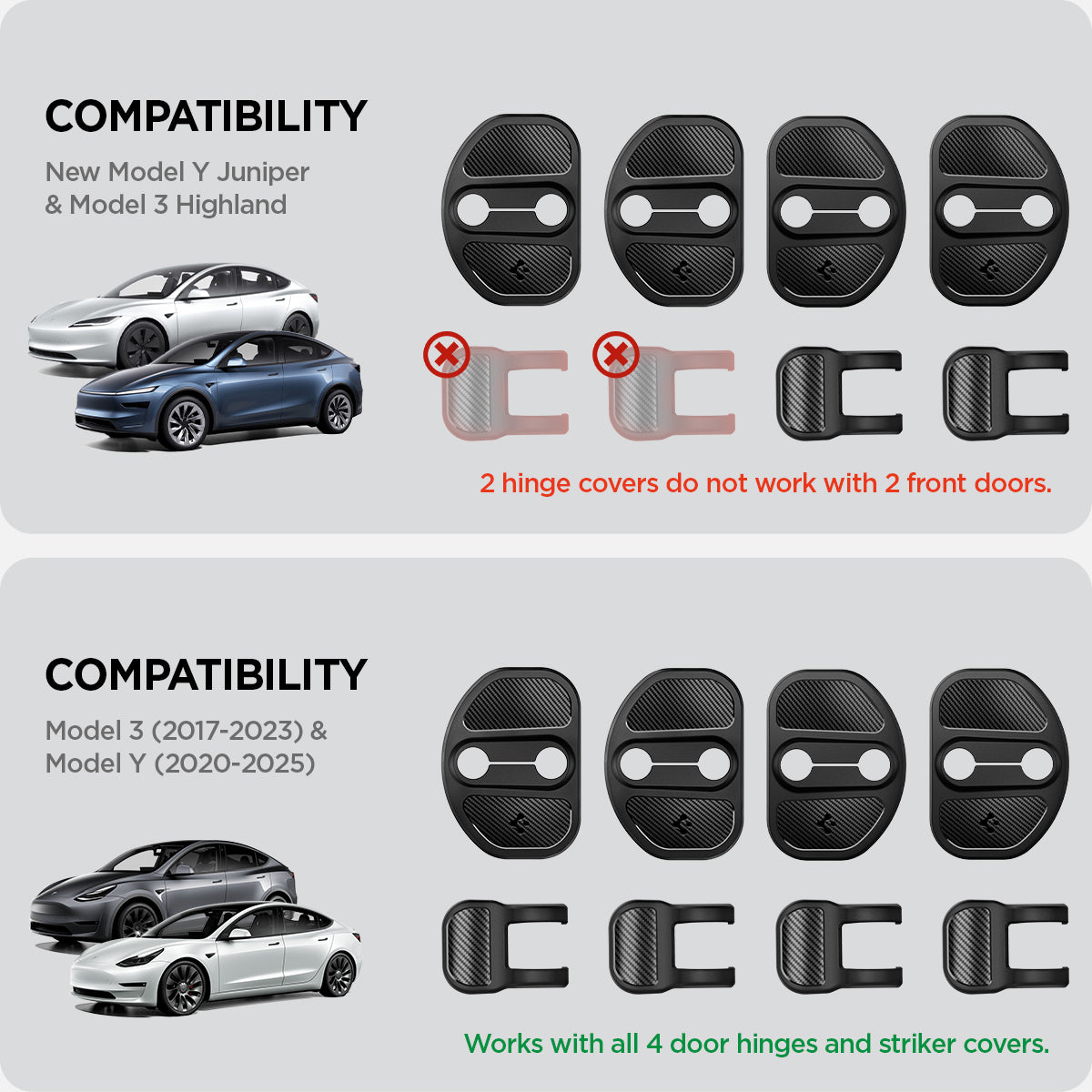 ACP07123 - Tesla Model Y & 3 Door Lock Cover TO320 in Black compatibility. New model Y juniper & Model 3 Highland. 2 hinge covers do not work with 2 front doors. compatibility. Model 3 (2017-2023) & Model Y (2020-2025) works with all 4 door hinges and striker covers.