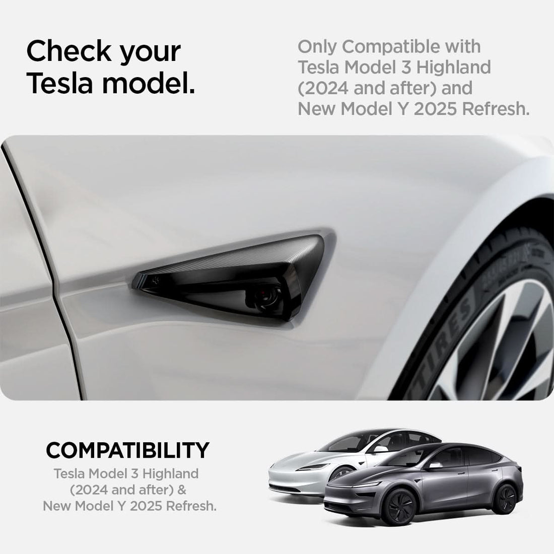 ACP07124 - Tesla Model 3 Highland Front Fender Camera Cover TO410 showing the compatibility, designed for precise fitment only for Tesla Model 3 Highland (2024) and Model Y (2025) Refresh