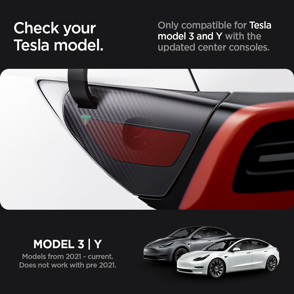 AFL07153 - Tesla Model Y & 3 Charging Port Protective Film in Transparency showing the checking of your tesla model, and only compatible for Tesla model 3 and Y with the updated center consoles. Model 3|Y (works with models from 2021-current but not on pre 2021)