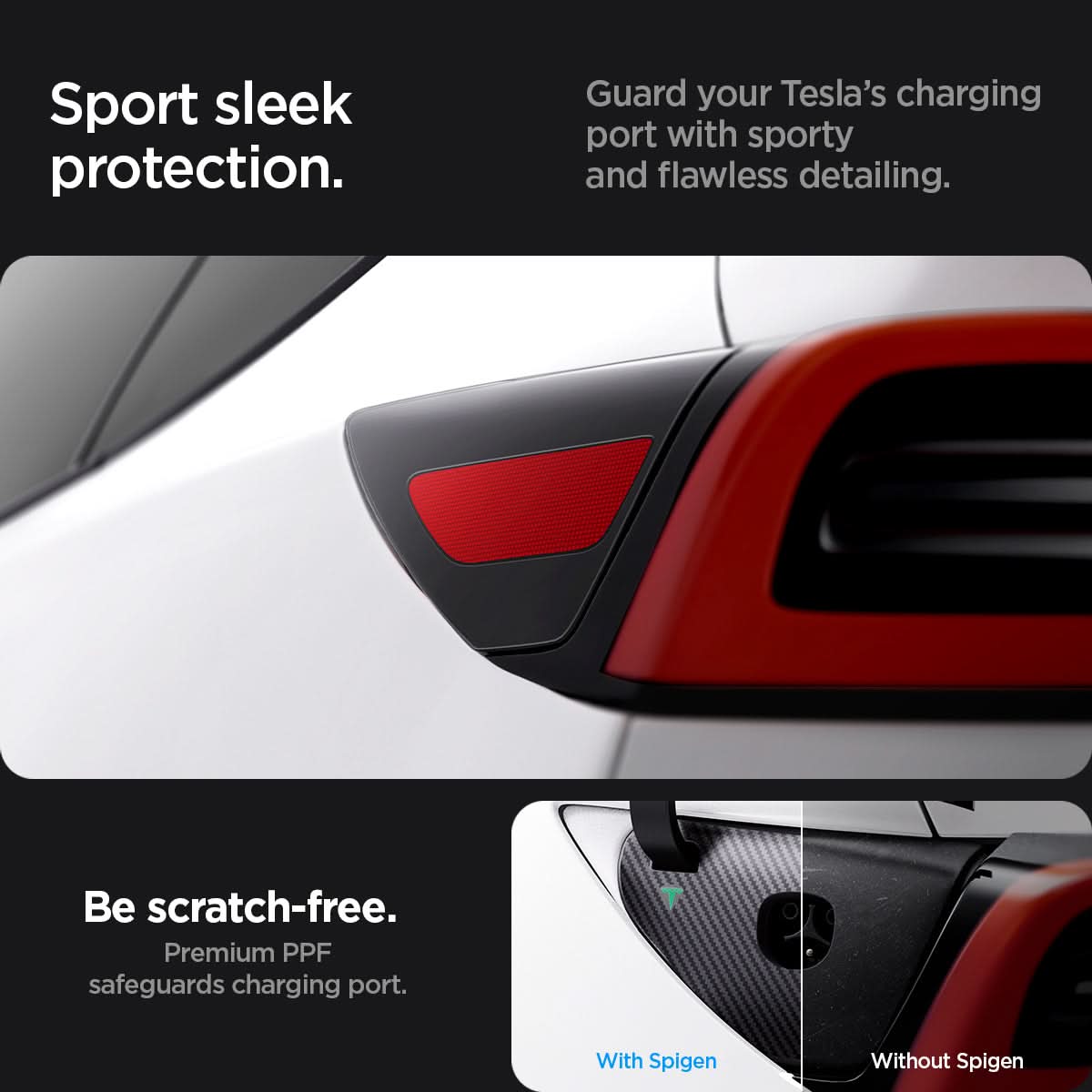 AFL07153 - Tesla Model Y & 3 Charging Port Protective Film in Transparency showing the Sport sleek protection. Guard your Tesla's charging port with sporty and flawless detailing.  Be scratch-free, with premium PPF safeguards charging port
