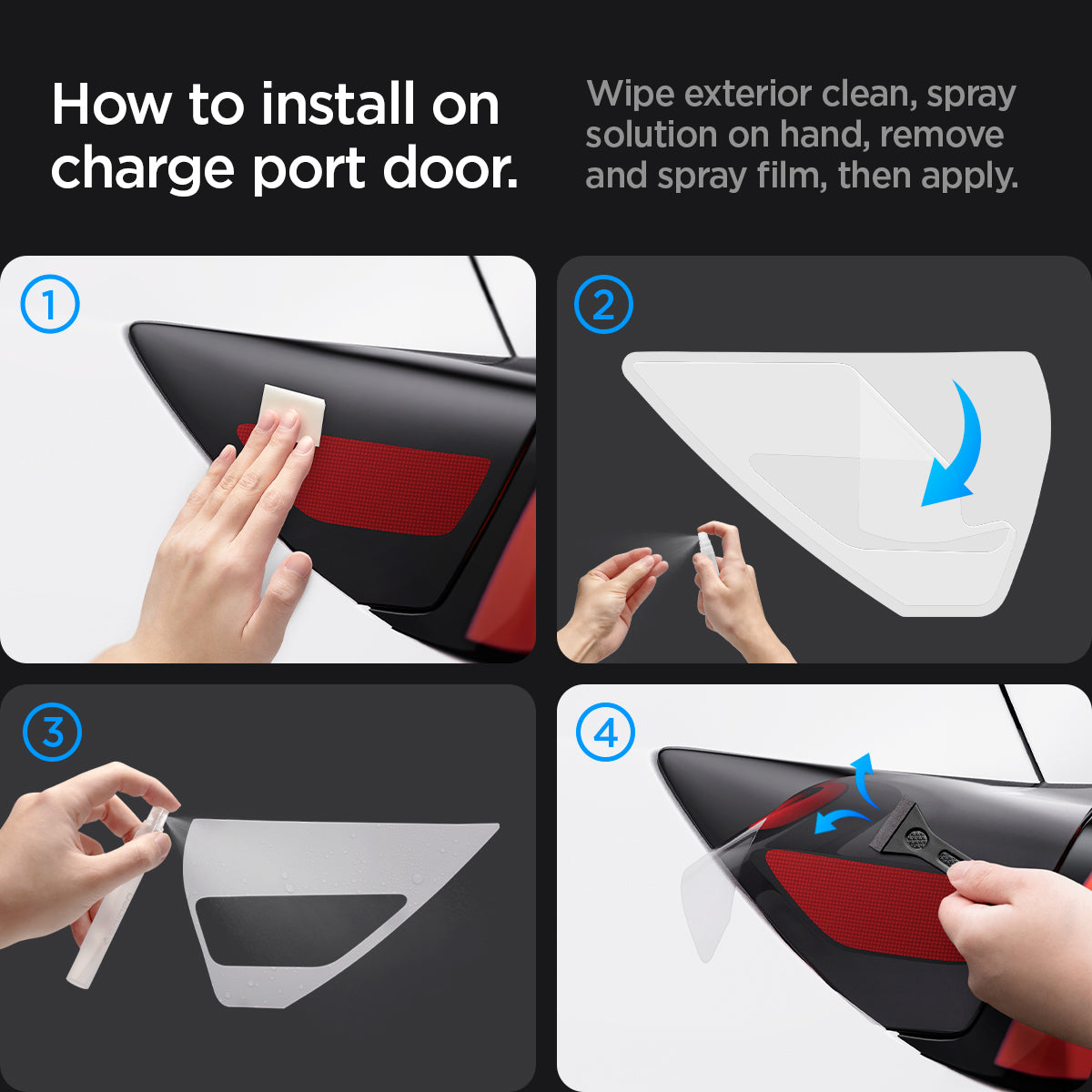 AFL07153 - Tesla Model Y & 3 Charging Port Protective Film in Transparency showing the installation on charge port door. Wipe exterior clean, spray solution on hand, remove and spray film, then apply