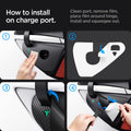AFL07153 - Tesla Model Y & 3 Charging Port Protective Film in Transparency showing the installation on charge port. Clean port, remove film, place film around hinge, install and squeegee out.