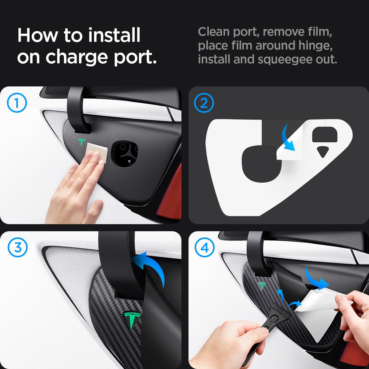 AFL07153 - Tesla Model Y & 3 Charging Port Protective Film in Transparency showing the installation on charge port. Clean port, remove film, place film around hinge, install and squeegee out.